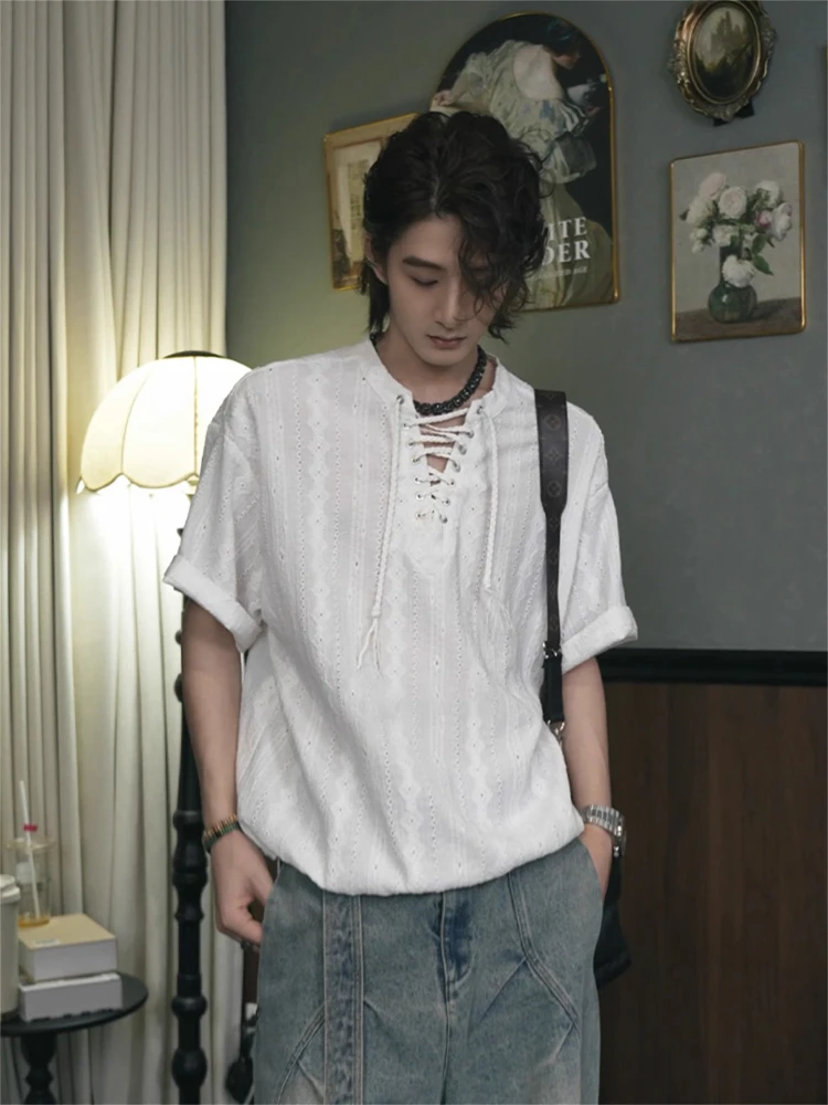 

Мужская и женская летняя однотонная футболка на шнуровке, винтажный жаккардовый нишевый дизайн, тонкий дышащий топ с короткими рукавами для пары, красивый топ Rogue