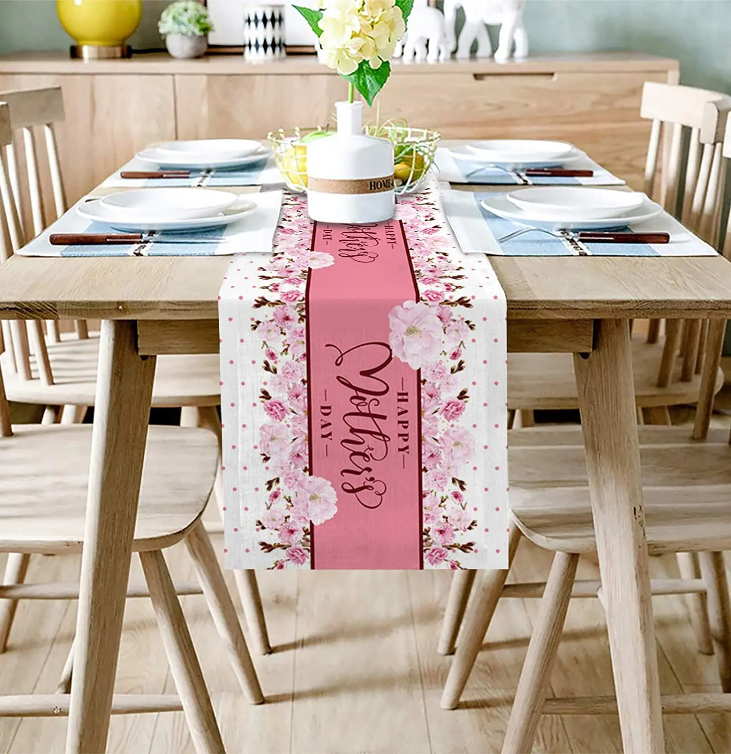 Cute Mother'S Day Table Runner Carnation Seasonal Spring Home Printed Dining Table  Runners Decoration For MOM Theme Gathering