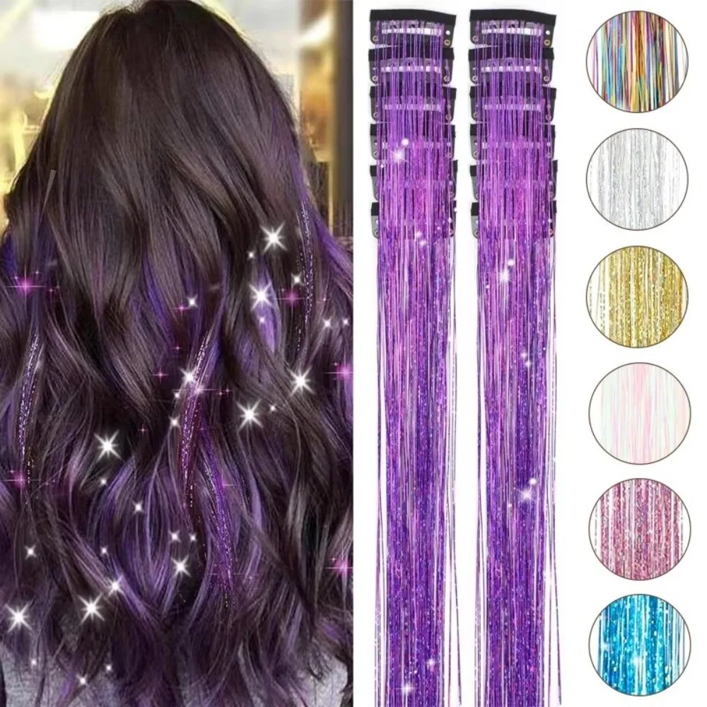 Highlights Clip Clip in Hair Extensions Colored Shiny Hair Tinsel Fairy Hair Synthetic Hair Accessories