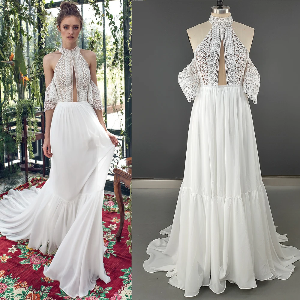 Hippie Bohemian Cutout Lace Wedding Dress Beach Customized Short Sleeves Backless Sheath Chiffon Boho Halter Neck Bridal Gowns