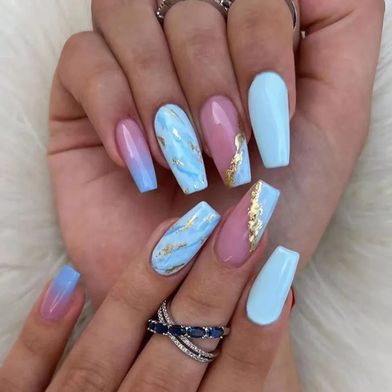 

24pcs Blue Watercolor Ombre Press-On Nails - Sparse Gold Veins Gold Foil & Sunset Glow Long Square Shape (Multi Sizes)
