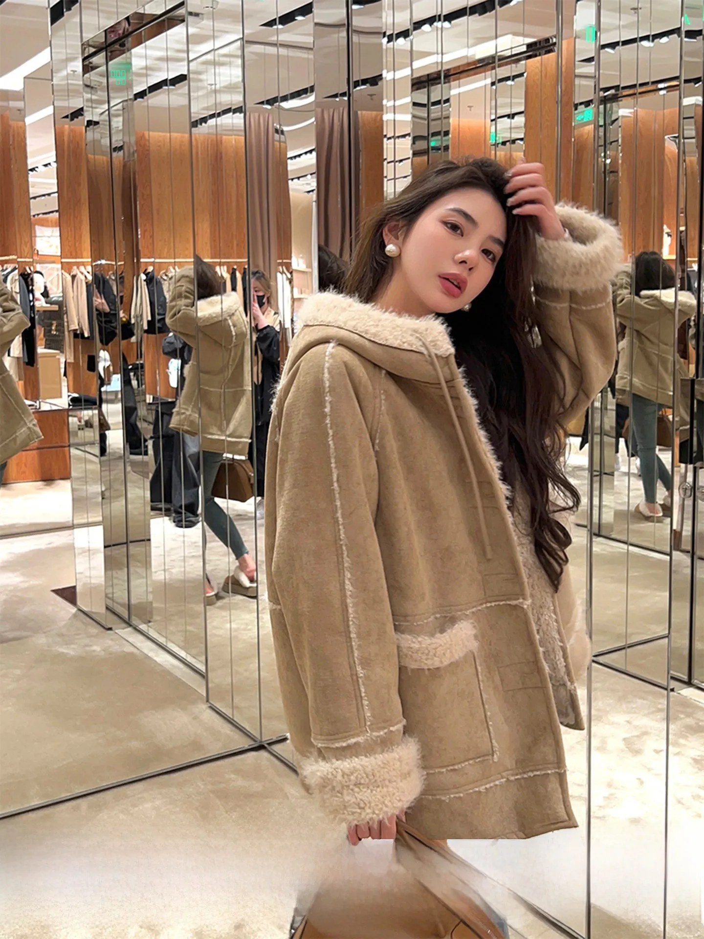 

Women's Suede Faux Fur Jaet Thiened Warm Perception Lamb Skin Leather Coat Casual Sle Long Sve Mid-Length Stand Fit