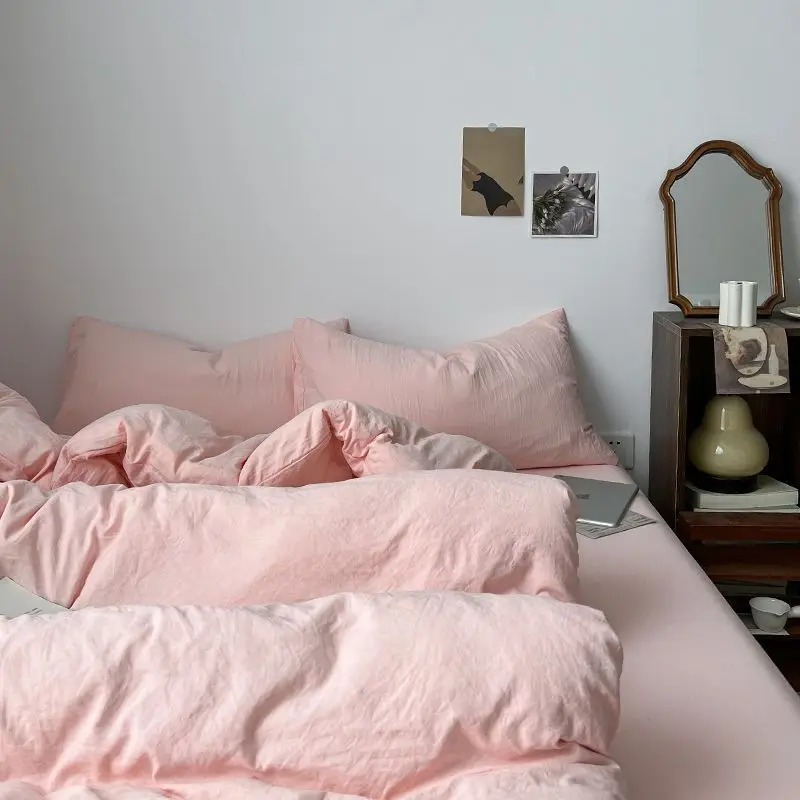Solid Color 4pcs Bedding Washed Cotton Nordic Style Minimalist Home Bed Sheets Fitted Sheet Duvet Covers Soft Skin Friendly