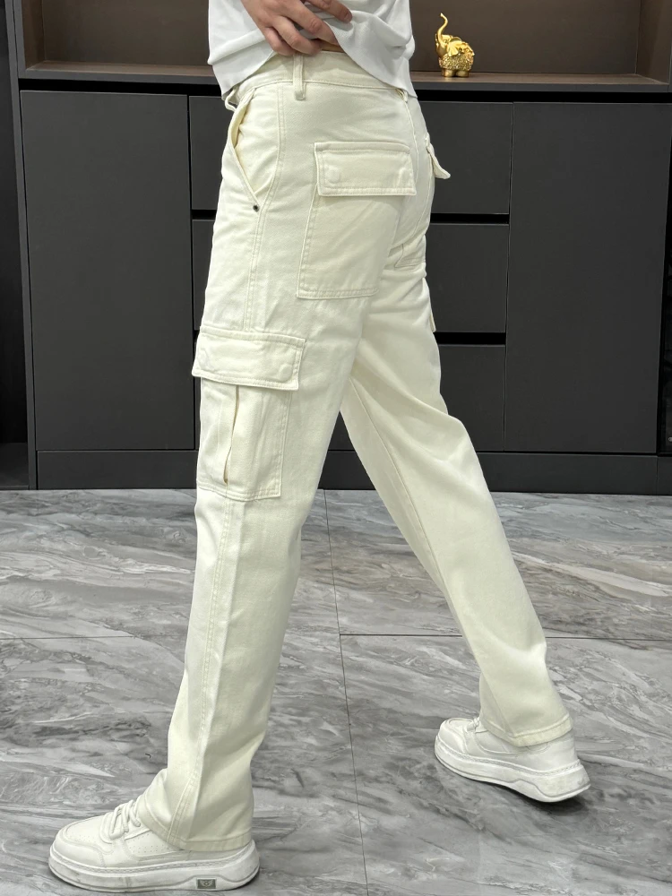 Trendy Youth Casual Loose Straight Leg Men's Jeans Spring New Style Workwear with Big Pockets All-Match Comfortable Cotton