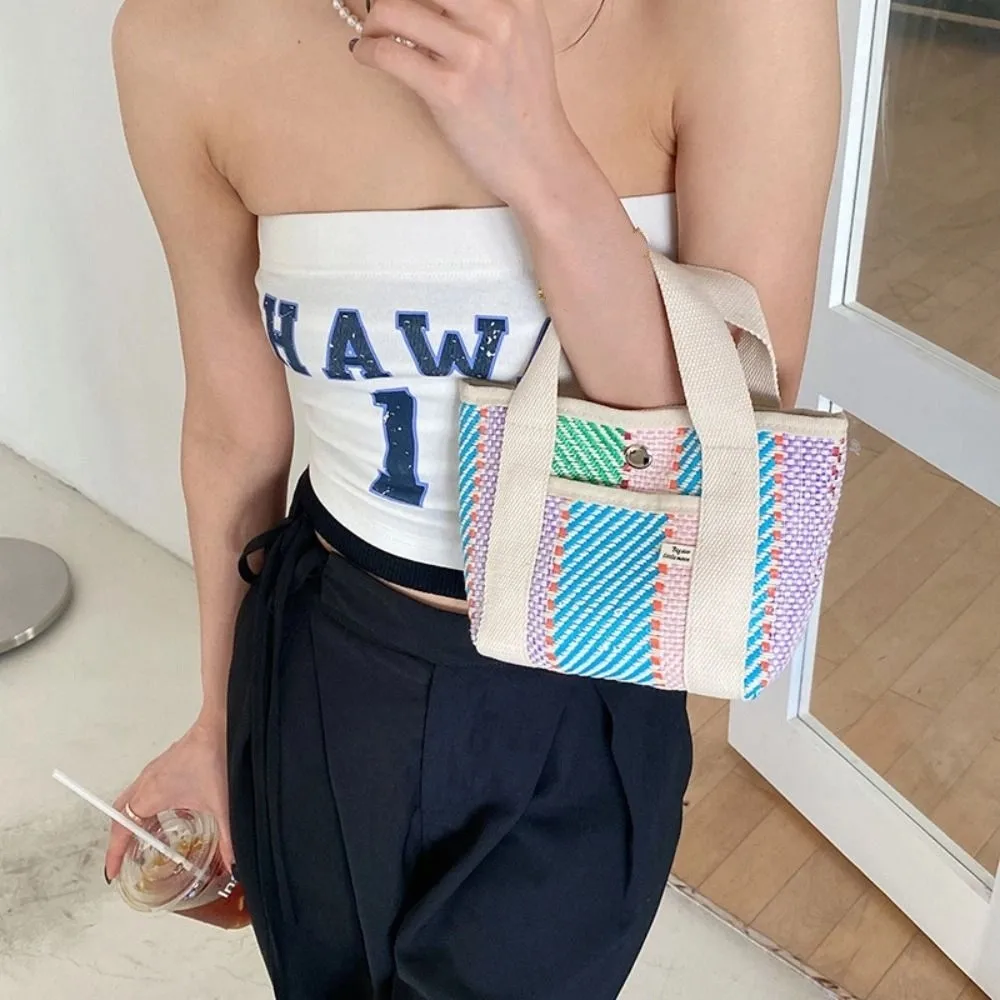 

Portable Stripe Weave Handbag Large Capacity Picnic Storage Bag Straw Bag Fashion Small Cloth Bag Tote Bag Travel