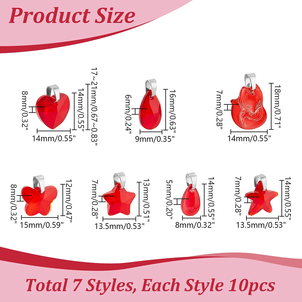 70pcs 7 Styles Red Glass Pendants Glass Pendants Heart Teardrops Star Glass Charms Transparent Pendants with Brass Findings