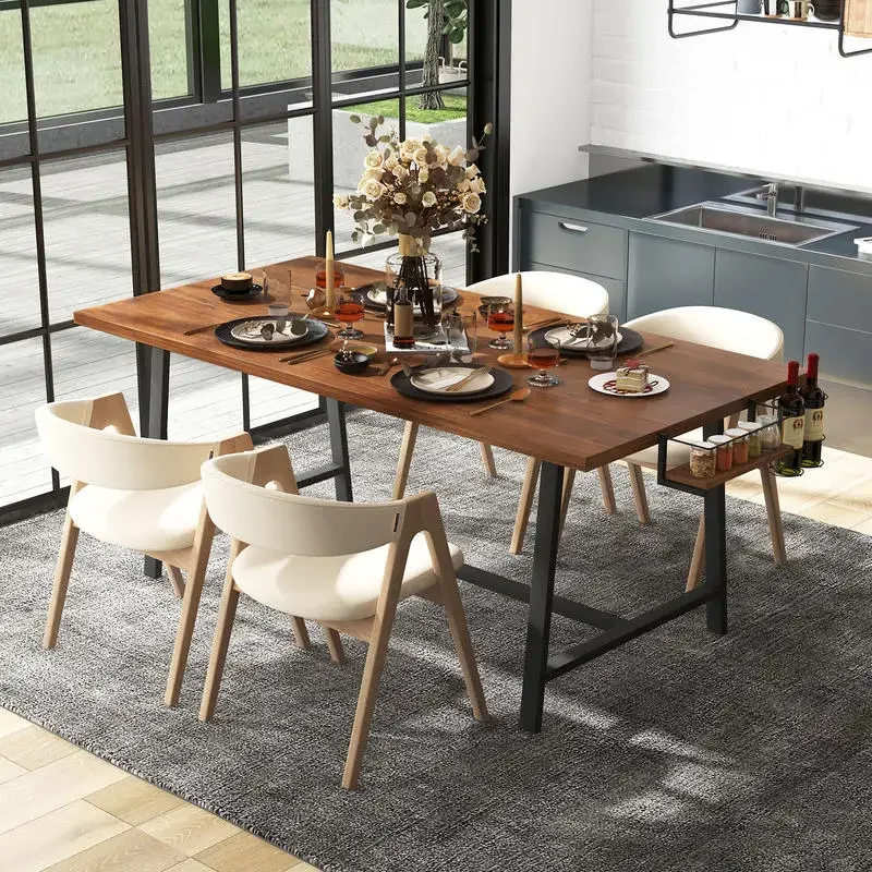 

72 Inch Dining Table Rectangular Kitchen Table with 2-Bottle Wine Rack for 5-7-Walnut