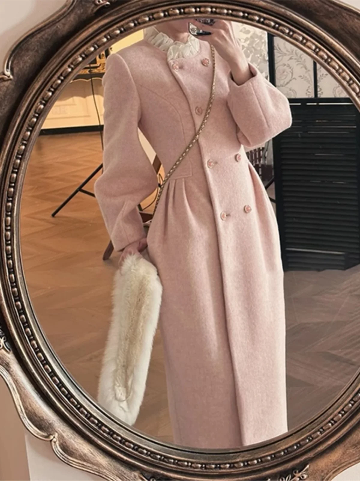 French Style Women High Waisted Slim Lace Patchwork Wool Long Coat  Woman Sweet Ladies Wool Coats