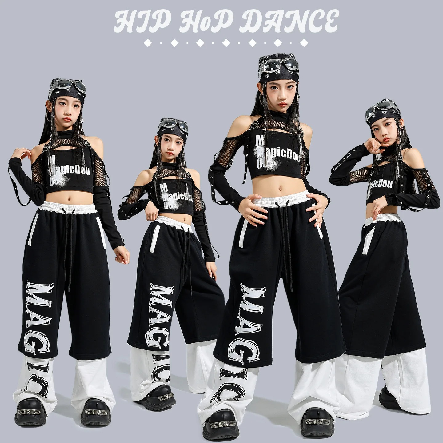 

Детский комплект одежды для девочек: укороченный топ с открытыми плечами в стиле K-pop, контрастные брюки для уличных танцев, хип-хоп, джаз, костюм для девичьих групп