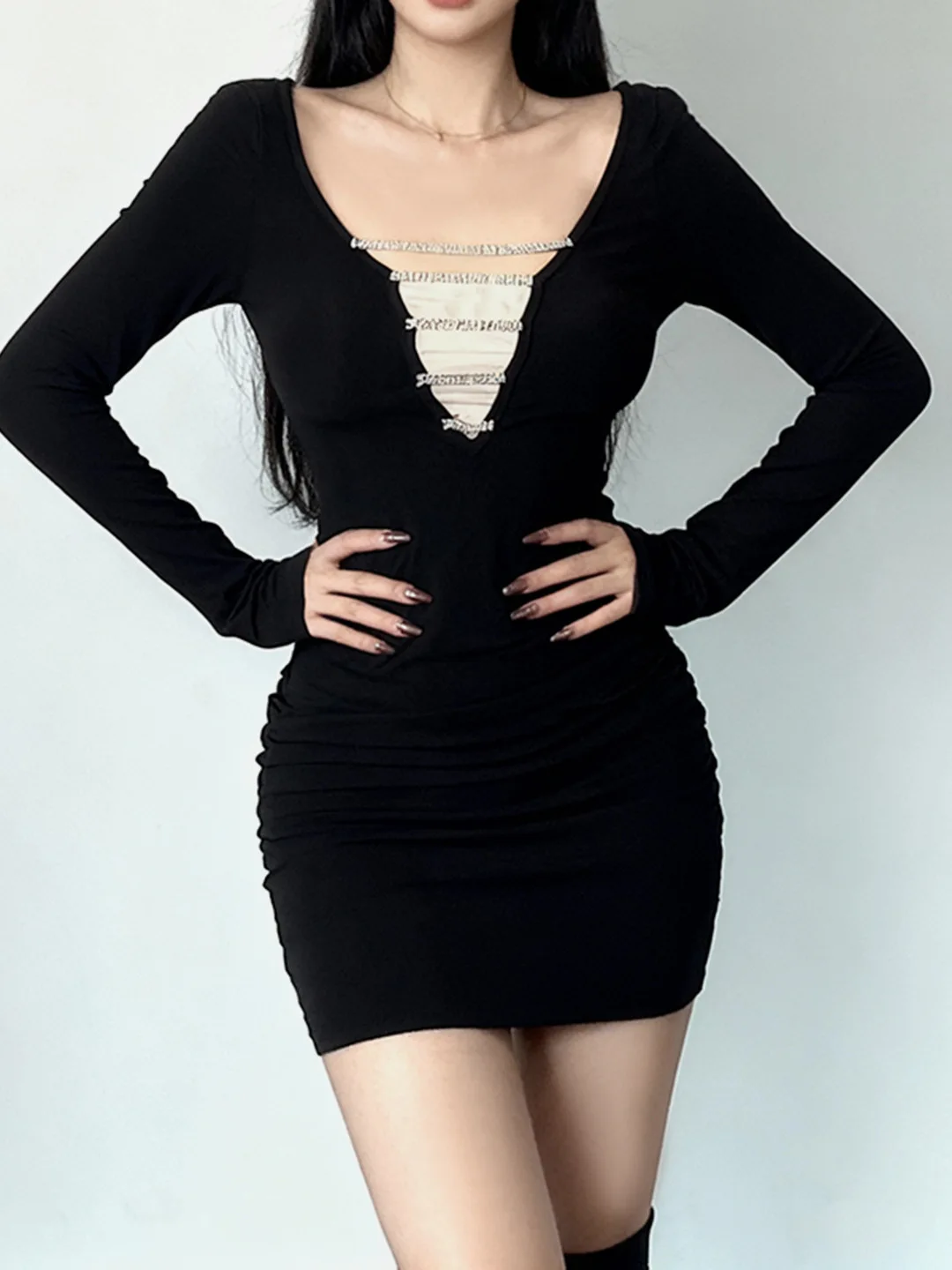 New Spring Autumn Sexy Rhinestone Long Sleeve Bodycon Mini Dress Women Cutout Tight Club Party Dress Layering Bottoming Dresses