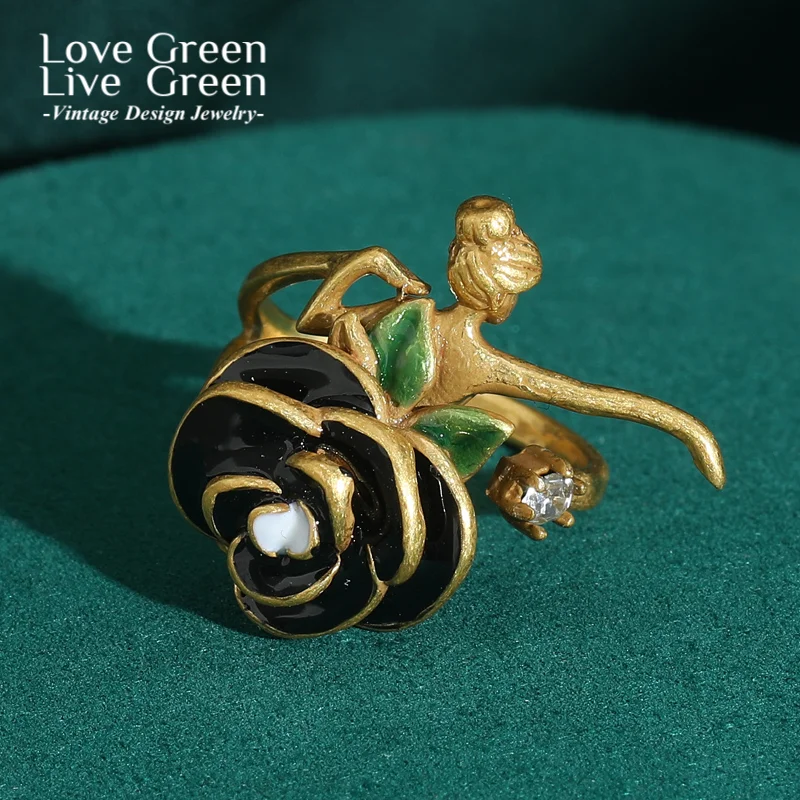 

Vintage Ballet Girl Rose Flower Ring Decoration Drip Oil Luxury Quality Jewelry Woman Antique Gold Color Wedding Accessories