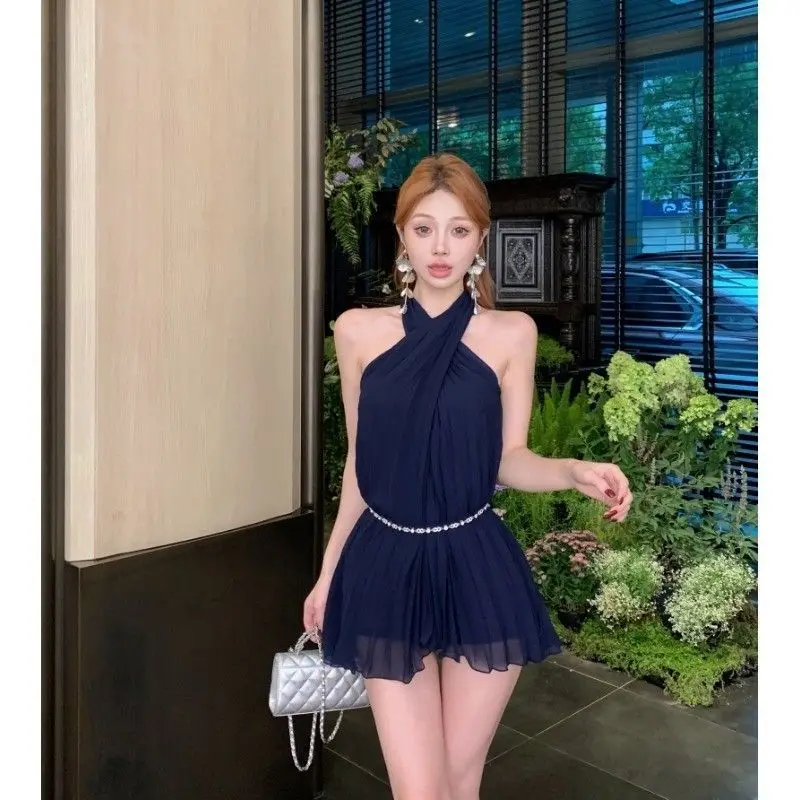 Abito senza spalline con scollo all'americana pieghettato in tinta unita Abito da donna con cut-out in chiffon con gonna a pieghe accattivante in vita di nuovo stile estivo 2025