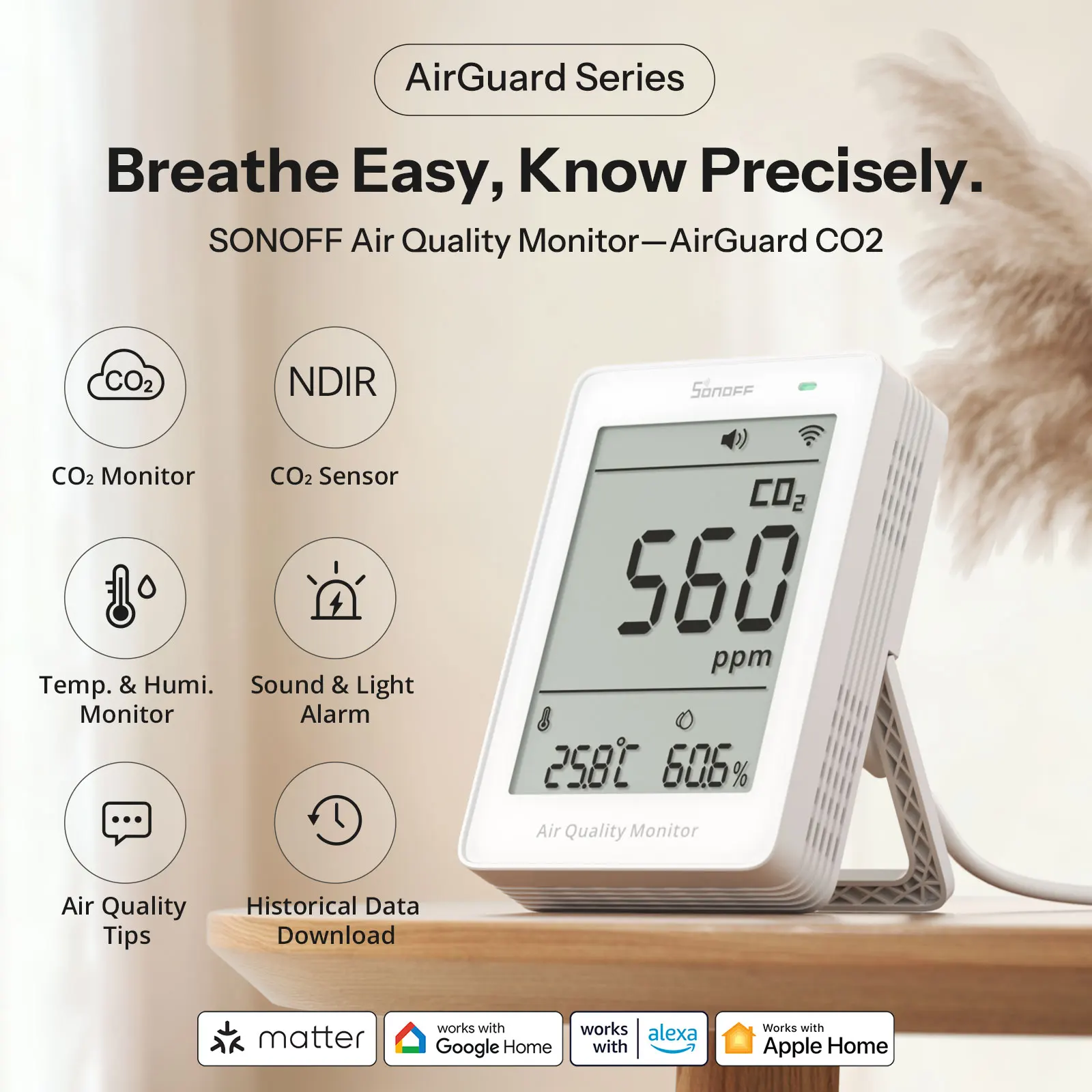 SONOFF SAWF-08P AirGuard CO2-Matte über Wi-Fi-Luftqualitätsmonitor, multmetrisch, umweltfreundlich, kompatibel mit Alexa, Apple Home – Detail 1