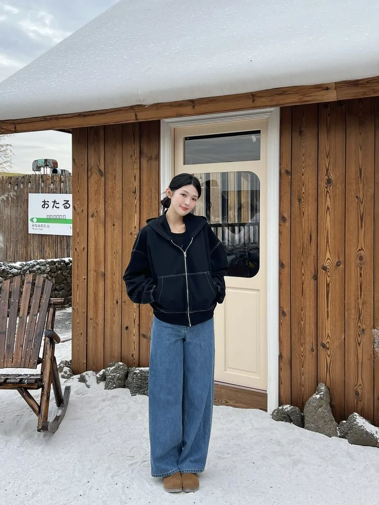 

ESLEUNG Cool Street Sle Zipper Hoodie Women's New Faion Embroidery Letter Design ort Jaet Loose Fit Organic Cotton