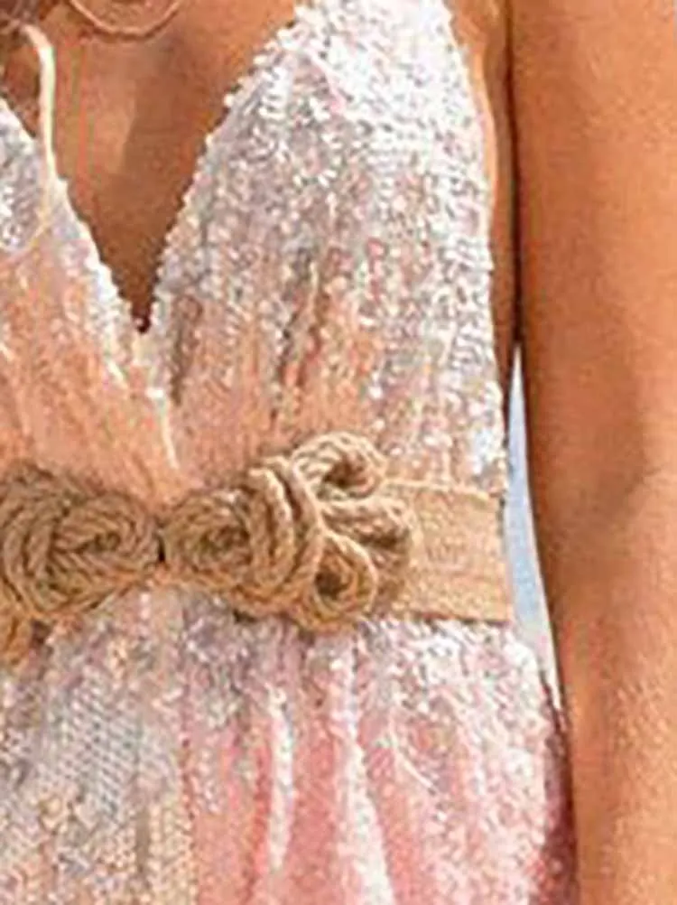 

Sexy V-neck Sleeveless Waist Short Romper Women Elegant Backless Hollow Out Playsuits Fashion Shiny Sequins Club Party Jumpsuit