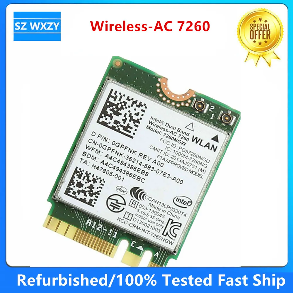 Original Intel Dual Band Wireless-AC 7260 WiFi Card 7260NGW For DELL Chromebook 11 3120 Series P/N 0GPFNK GPFNK