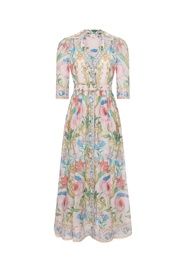 

Palace Floral Maxi Dress for Women Summer Holiday Long Shirt Dress Spring 2026 Short Sleeve Single-Breasted Pearls Detail Party