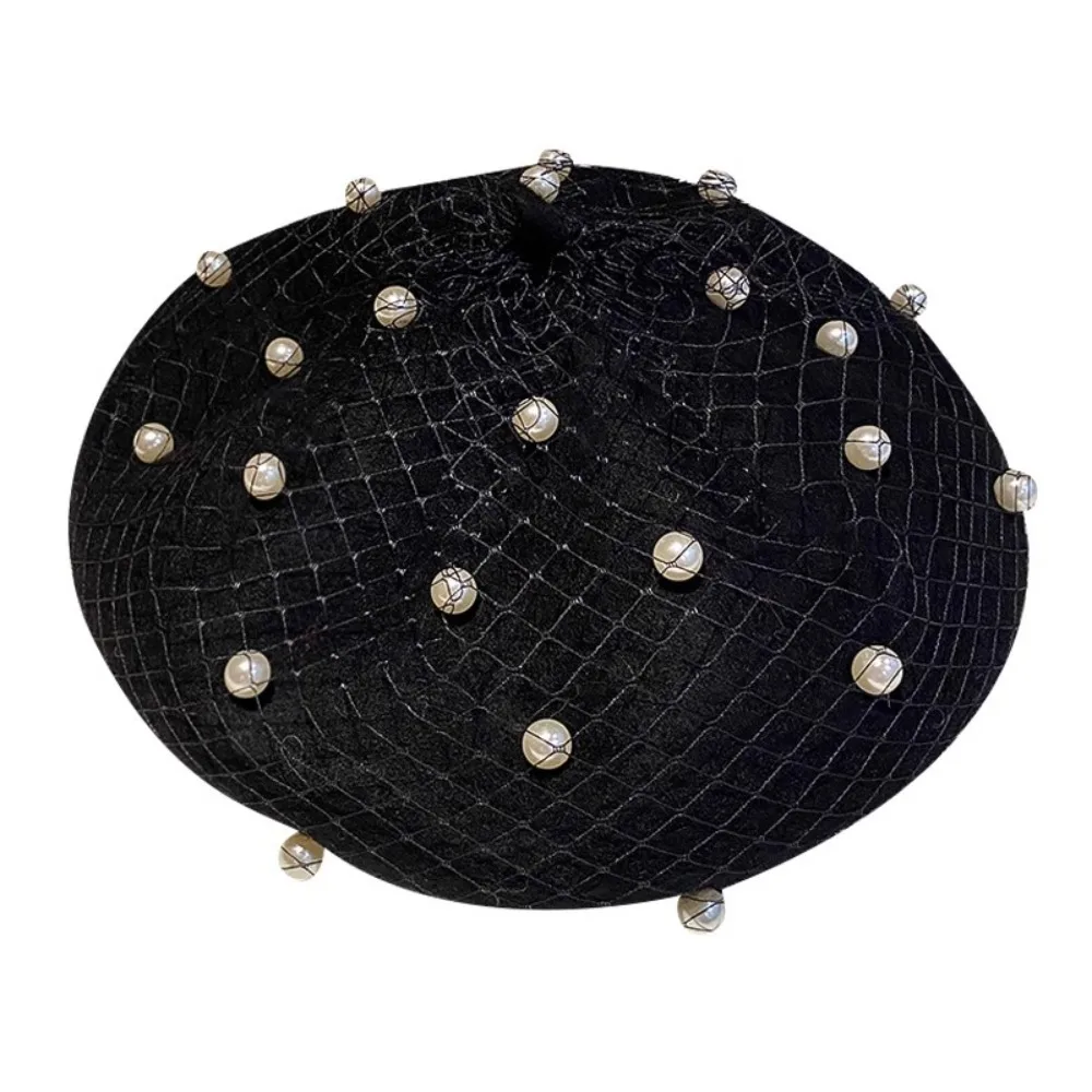 

Newsboy Hat Pearl Wool Beret for Women with Mesh Veil Fashion Painter Hat Retro Gift Beanie Caps Girls