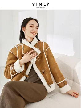 Vimly-abrigos gruesos y cálidos de piel sintética para mujer, abrigos cortos holgados de lana con contraste de piel de doble cara para invierno, abrigo femenino 2024 50711