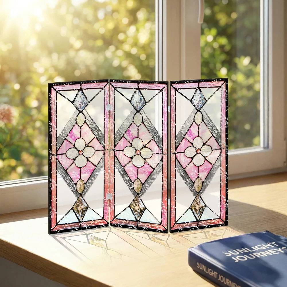 Pink Translucent Acrylic Folding Screen Table, Crabapple Pattern Screen Decor Painting,entrance TV Cabinet Tabletop Ornaments