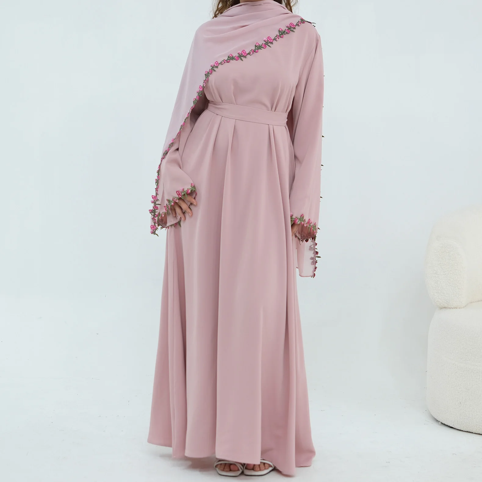 Summer Sweet Flower Applique Details Muslim Women Abaya Dress with Chiffon Shawl Scarf, Side Pocket. Eid Party Hijabi Islam Robe