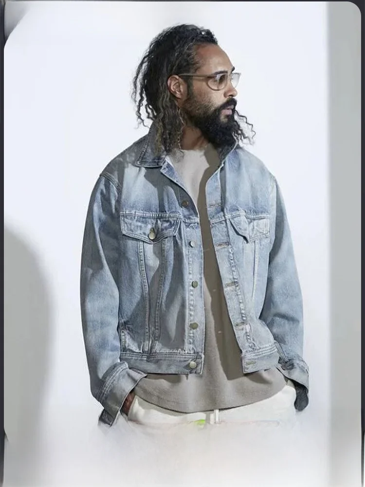 

entials American Sle Casual Loose Fit Denim Jaet Men's Outerwear V-Ne Long Sve Stand Fit Youth Faion