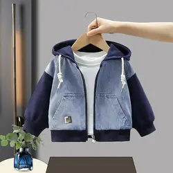 2-8Y ragazzi giacca foderata nuovi bambini Denim Patchwork cerniera felpa con cappuccio bambino bambino primavera e autunno giacca Casual cappotti ragazzi vestiti