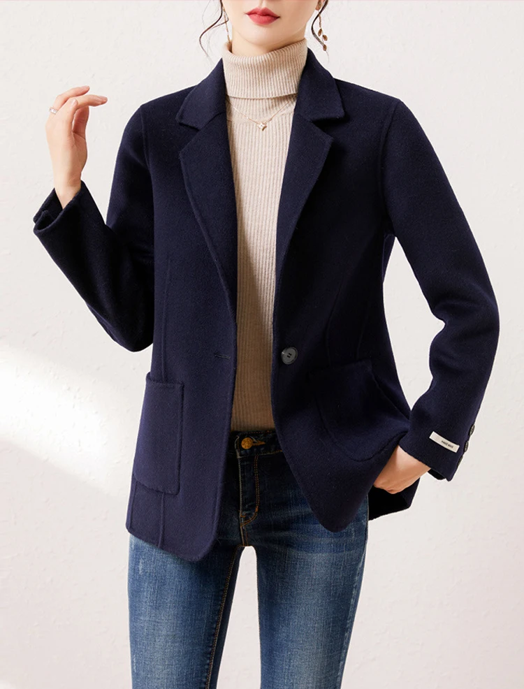 Women's Suit Collar Double-sided Cashmere Wool Coat 2024 Fall Winter Chic Ladies Single Button Loose 100% Woolen Blazer Jackets