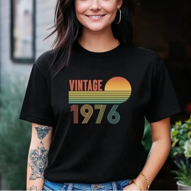 1976 Vintage Birthday T-Shirt Best of 50th Birthday Gift 50th Birthday Hello Fifty Retro Printed T-shirt Tops Short-sleev