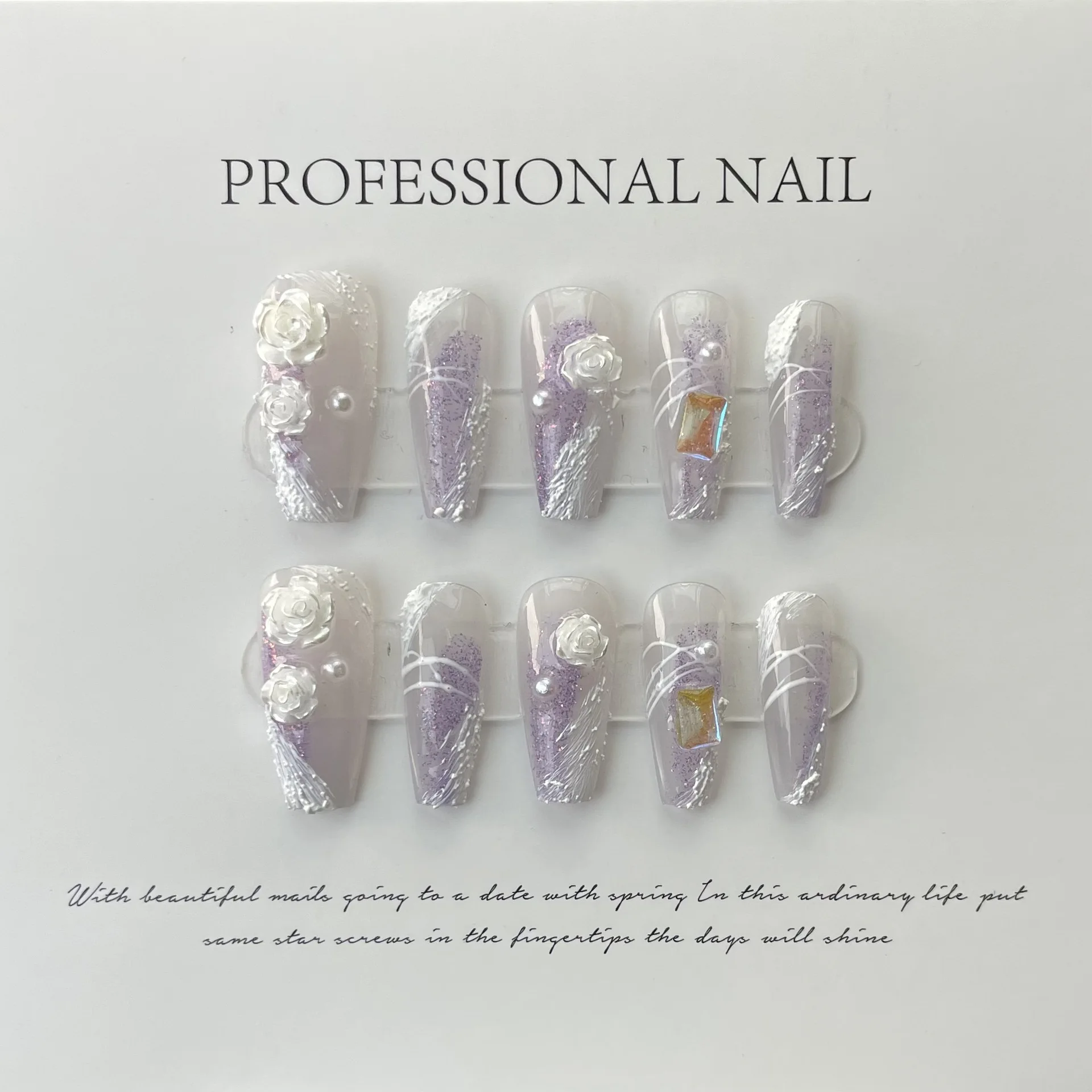 

10 pcs Luxury Handmade Press on Nails Middle Trapezoid Purple Camel Design False Nails with 4-PIECE Tool Adhesive Nail Glue Tabs