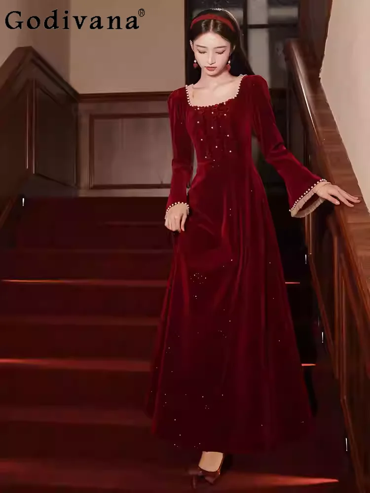 

Autumn Winter Fashion Velvet Square Collar Beaded Red Long Sleeve Dress Versatile Flare Sleeve High Waist A-line Ruffles Dresses