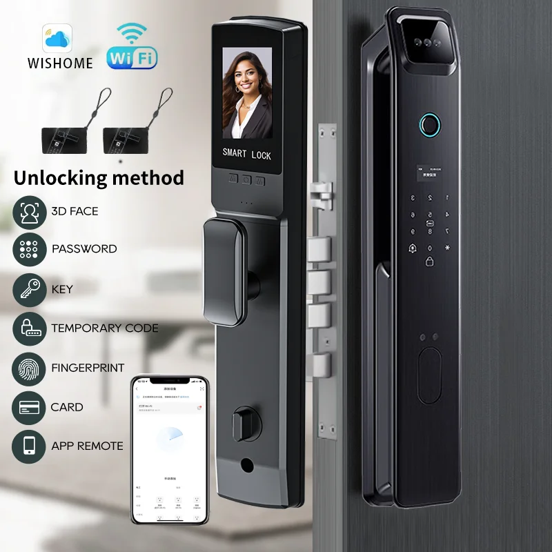 Wishome Wifi 3D Face Digital Electronic Smart Door Lock With Biometric Camera Fingerprint Smart Card Password Key Unlock