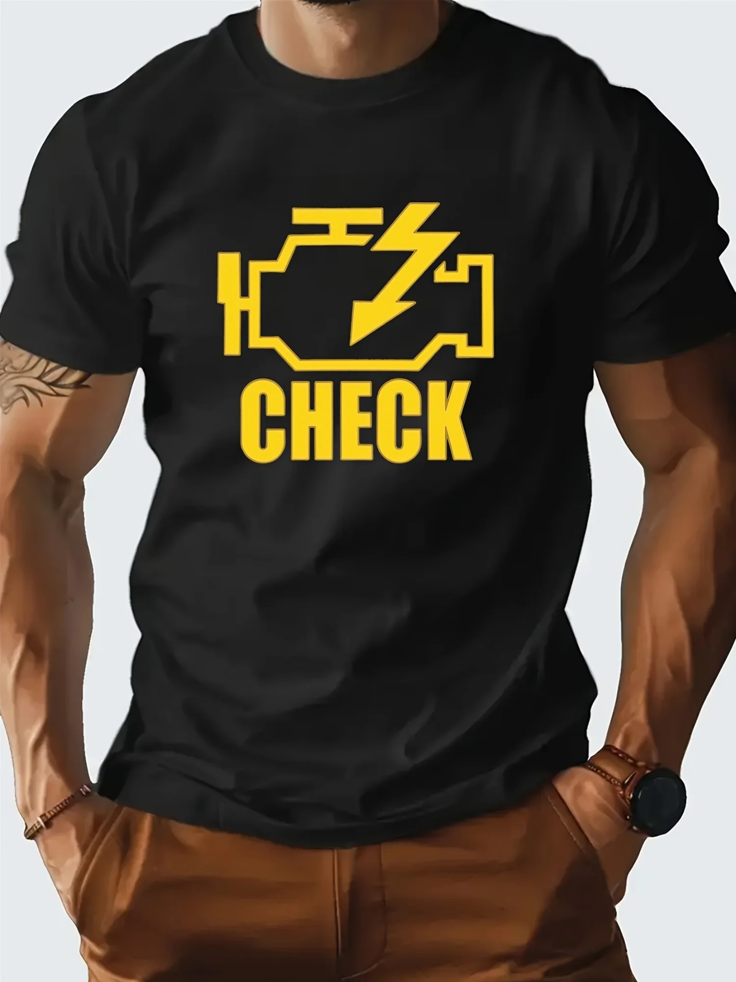 2026 Men'S Spring And Summer Style 100% Check Engine Light Graphic T-Shirt, Casual Appearance, Fitted Cut, Perfect for Automotiv