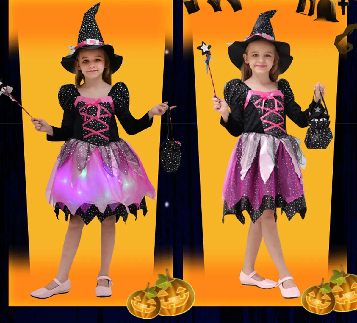 

2025 Classic Halloween Festive Dress Girls Cosplay Pink Cute Short Sleeve Witch Vampire Cute Dress + Hat + Magic Stick Bag Set