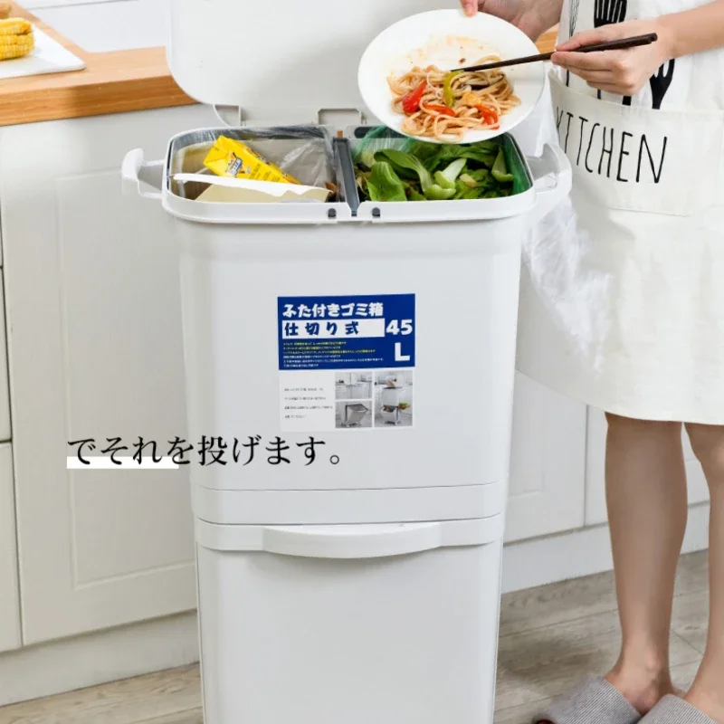 Kitchen Square Wastebasket Double-Layer Sorting Trash Can Press Type Plastic Large Trash Bin with Lid Household Baskets