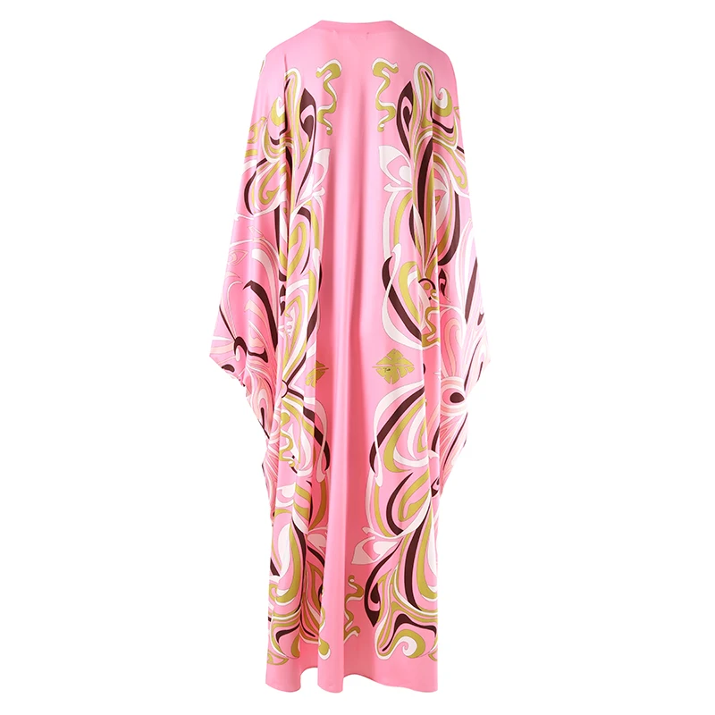 Fashionable Party Casual Bat Sleeve Dress Striped Printed Pink Robe Party Cocktail Beach High Quality Silk Cloak