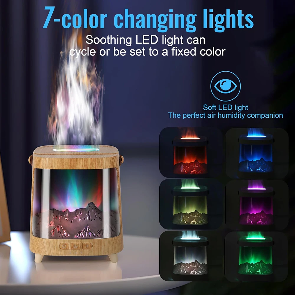 스노우 7컬러 마운틴 플레임 가습기, 오로라 에센셜 오일 디퓨저, 200ml 물탱크 용량, 거실에 적합