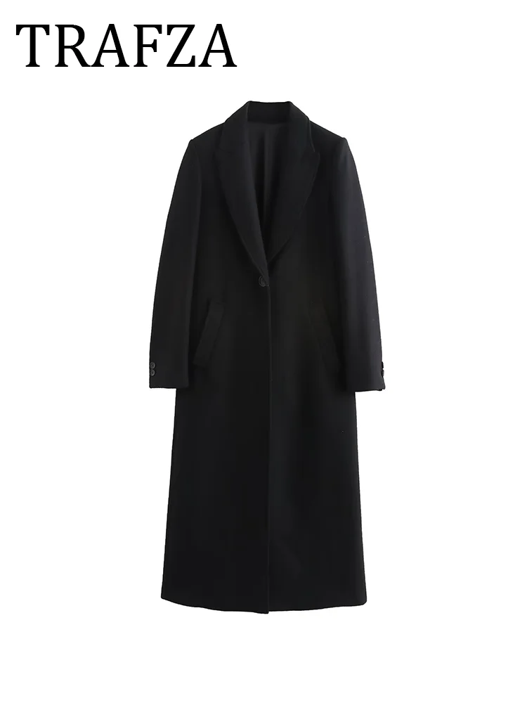 

TRAFZA пальто для женщин, мода 2024, осень-зима, новые однотонные свободные пальто с длинными рукавами и одной пряжкой с лацканами, шикарные женские топы Mujer