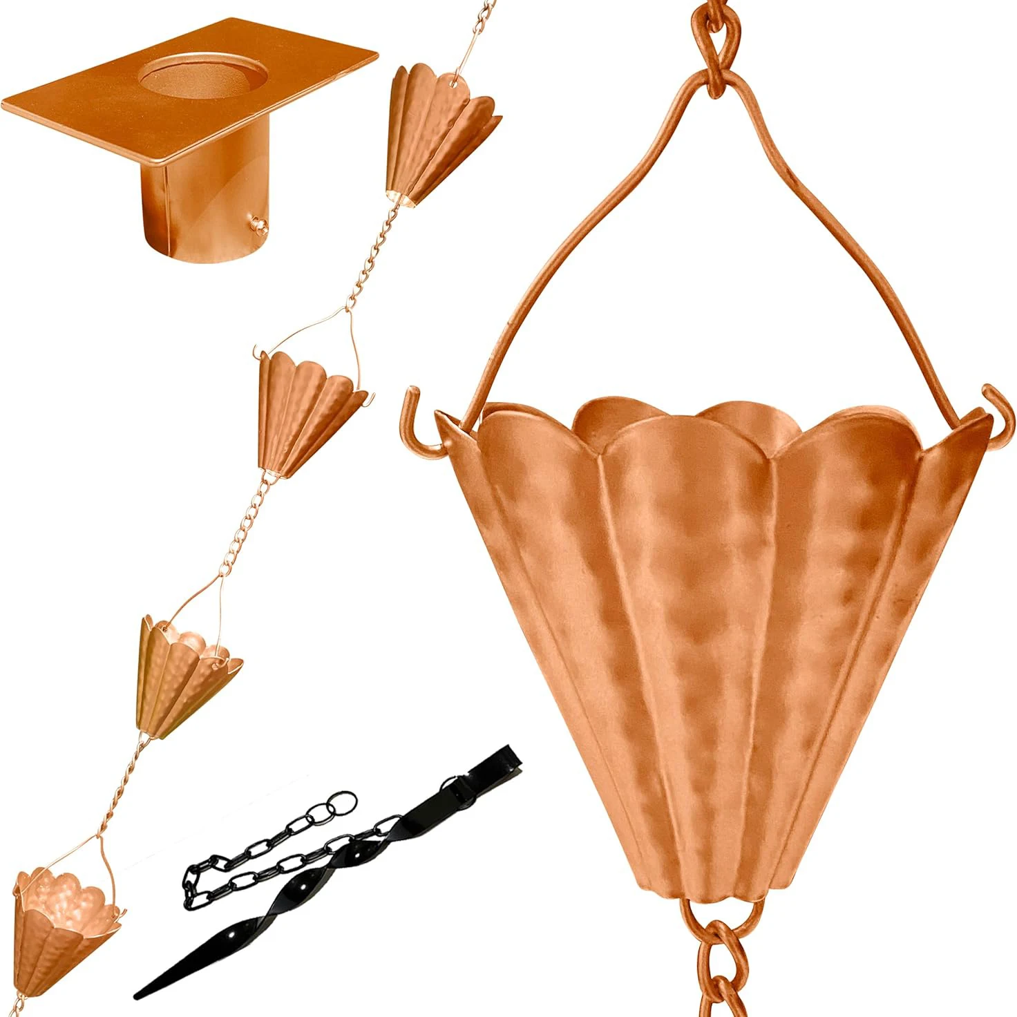 

9*260CM Tulip Metal Copper Rain Chain Modern Garden Decoration Downspout Chain 11 Cups with Adapter and Anchor Pole