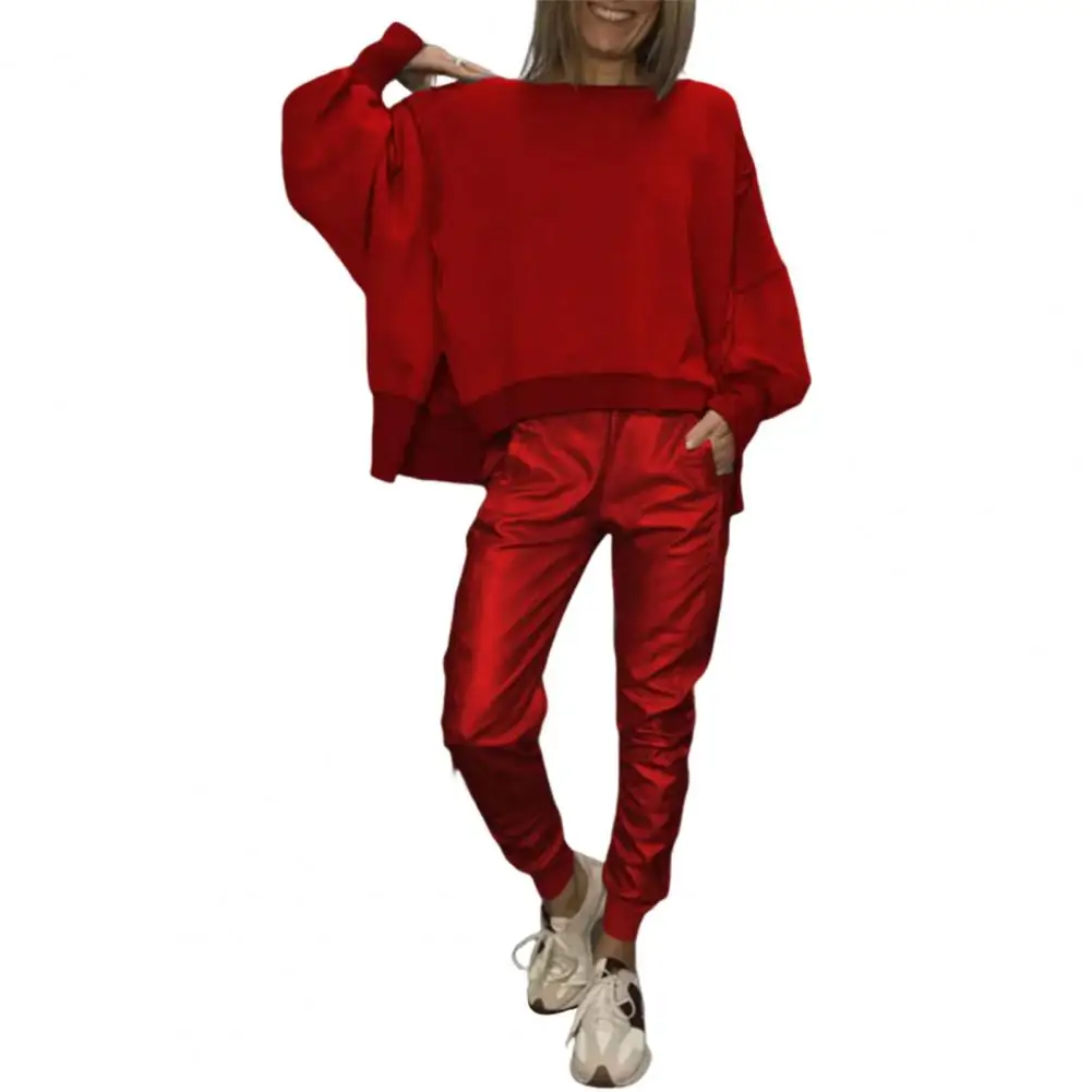 

2 Pcs/Set Women Outfit Spring Sweatshirt Pants Suit Slit Hem Long Sleeves Tracksuit Solid Color Pants Sport Top Outfit