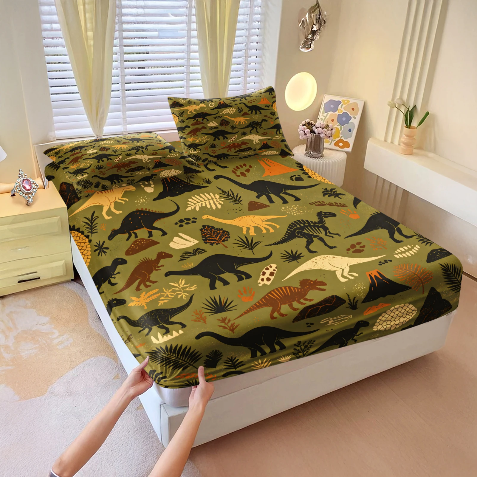 Olive Green Vintage Dinosaur Fitted Sheet Set Retro Dino Volcano Fern Print Deep Pocket Elastic Mattress Cover with Pillowcases