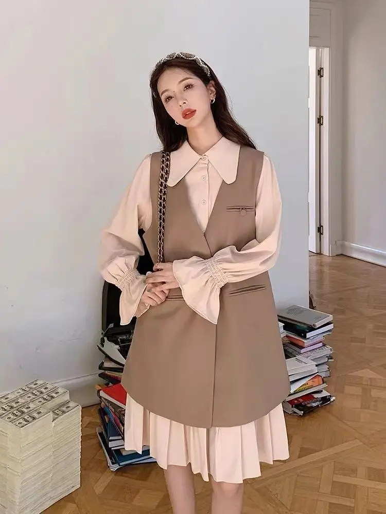 2024 Women's Medium to Long Fashionable and Stylish Loose Shirt with Hundred Fold Dress 2-piece Set