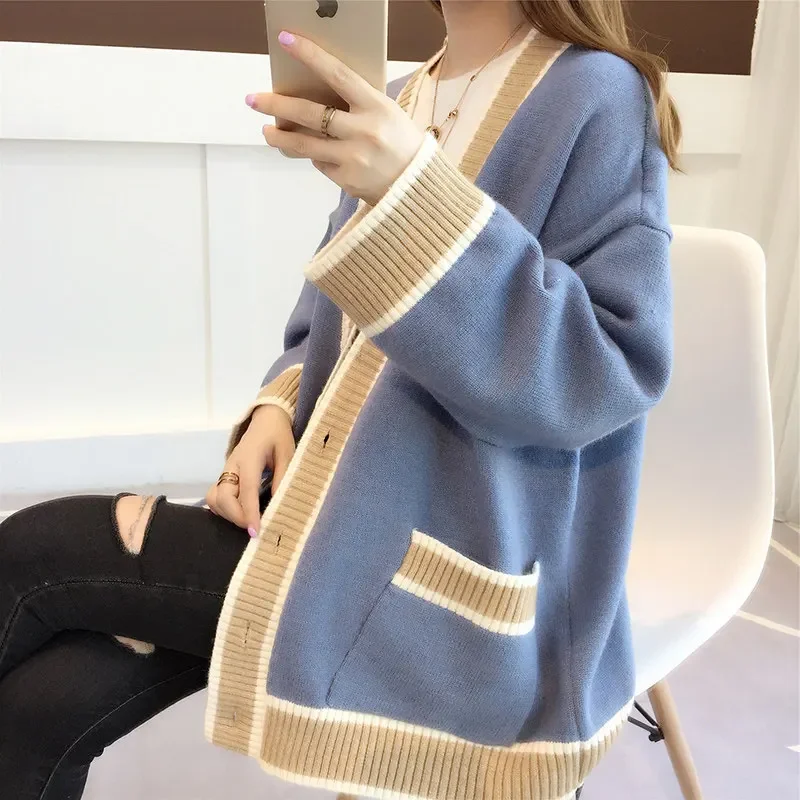 Spring New Women Elegant Long Sleeve Knitted Cardigan Korean Fashion Stripe Sweaters Winter V-neck Casual Knitwear Coats Female