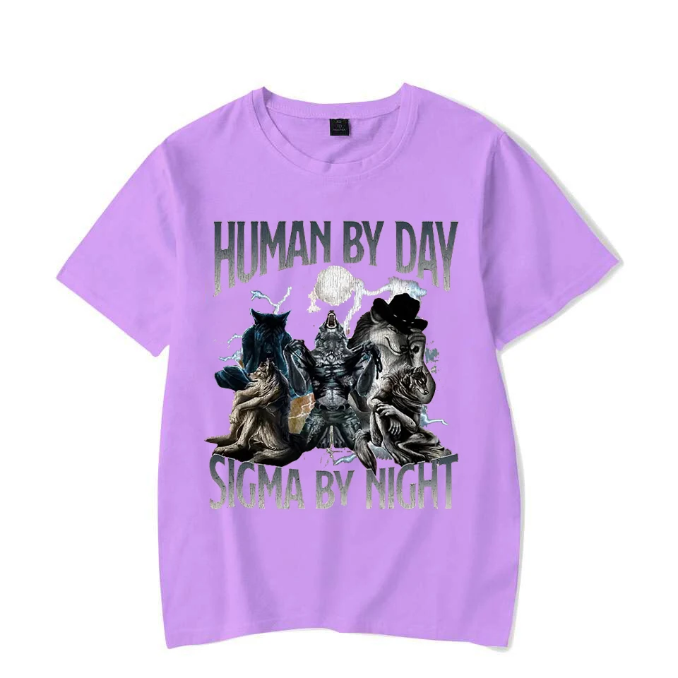 Human Day Sigma Night Fun Wolf Pattern T-shirt Men's and Women's Casual Loose Short Sleeve T-shirt