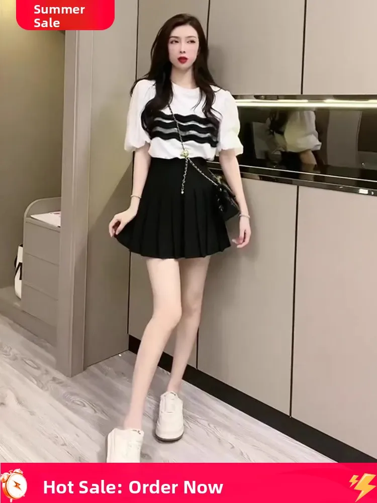 패셔너블한 투피스 세트 여성용 2025년 신상 슬레 에이지 디파잉 탑 플리츠 스커트 여름 의상 클레테 앙상블