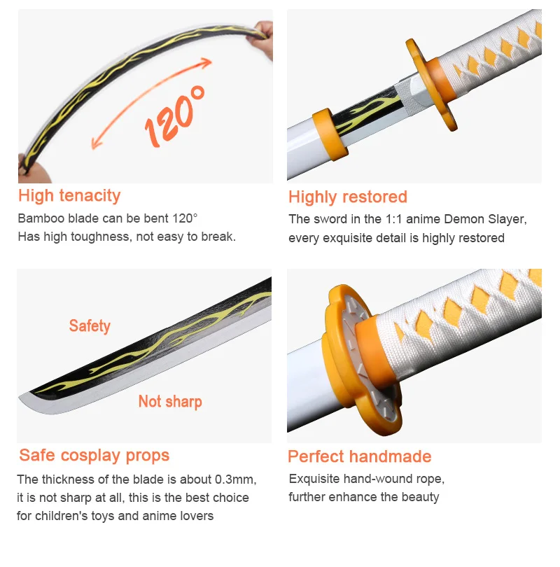 80cm/31.5" Demon Slayer Katana Fire God Tanjiro Role-playing Bamboo Toy Sword Black and Silver Blade Kyoujurou Shinobu White