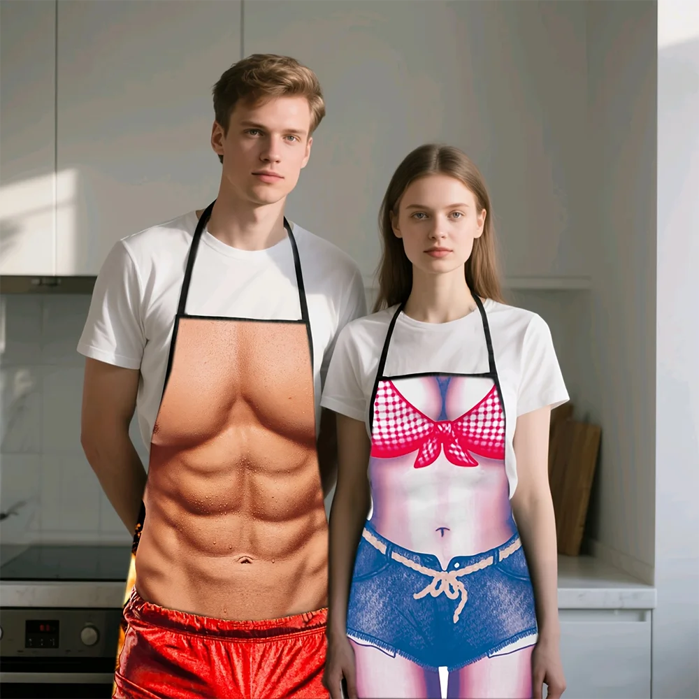 1pc  Funny Couples Apron Set, Novelty 3D Print Humorous Kitchen Aprons for Him and Her