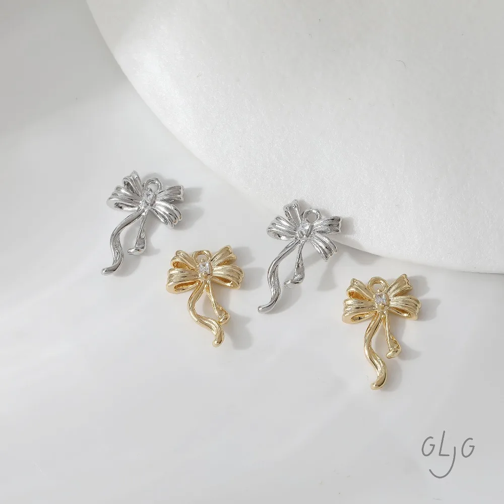6PCS Dainty Bow Design Charms Jewelry Findings Making Eardrop Supplies DIY Brass 14k Gold Plated Accessories 20*13mm