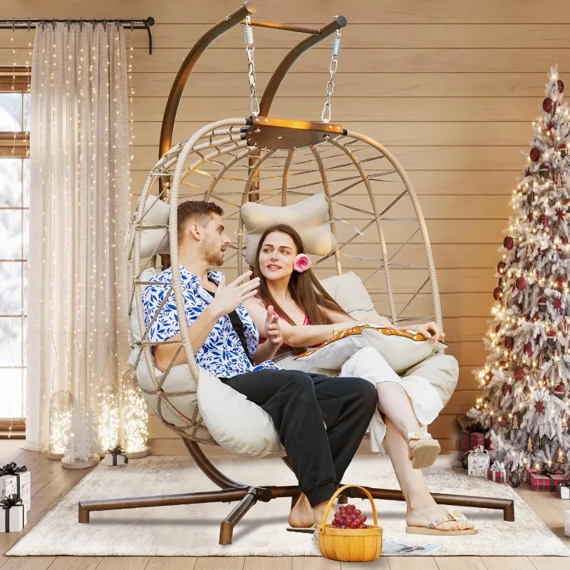 كرسي على شكل بيضة متأرجحة مزدوجة مع حامل، مقعد كبير جدًا لشخصين للاستخدام الداخلي والخارجي، سلة معلقة كبيرة الحجم للفناء #2