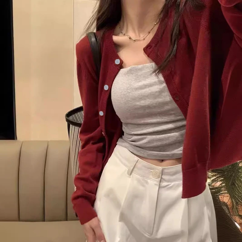 Alobee Red Cardigan Knit Early Autumn Women Clothes New 2024 Outdoor Crop Sweater Odzież wierzchnia z długim rękawem Top Bottoming Shirt